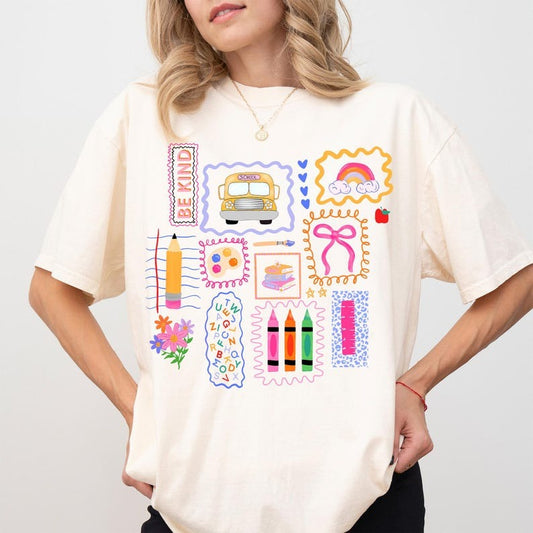 Trendy Teacher Shirt, Colorful Doodle Back To School Shirt, Preppy Coquette School T-shirt