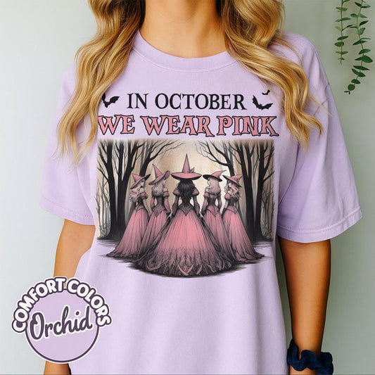 Retro In October We Wear Pink Comfort Colors Shirt, Halloween Spooky Pink Ribbon T-shirt