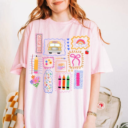 Trendy Teacher Shirt, Colorful Doodle Back To School Shirt, Preppy Coquette School T-shirt