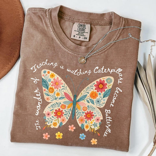 Butterfly Teacher Shirt | The Wonder of Teaching Quote | Floral Watercolor Butterfly Shirt for Educators