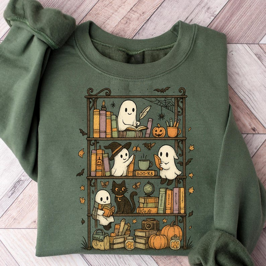 Retro Ghost Reading Books Sweatshirt, Librarian Ghost Halloween
