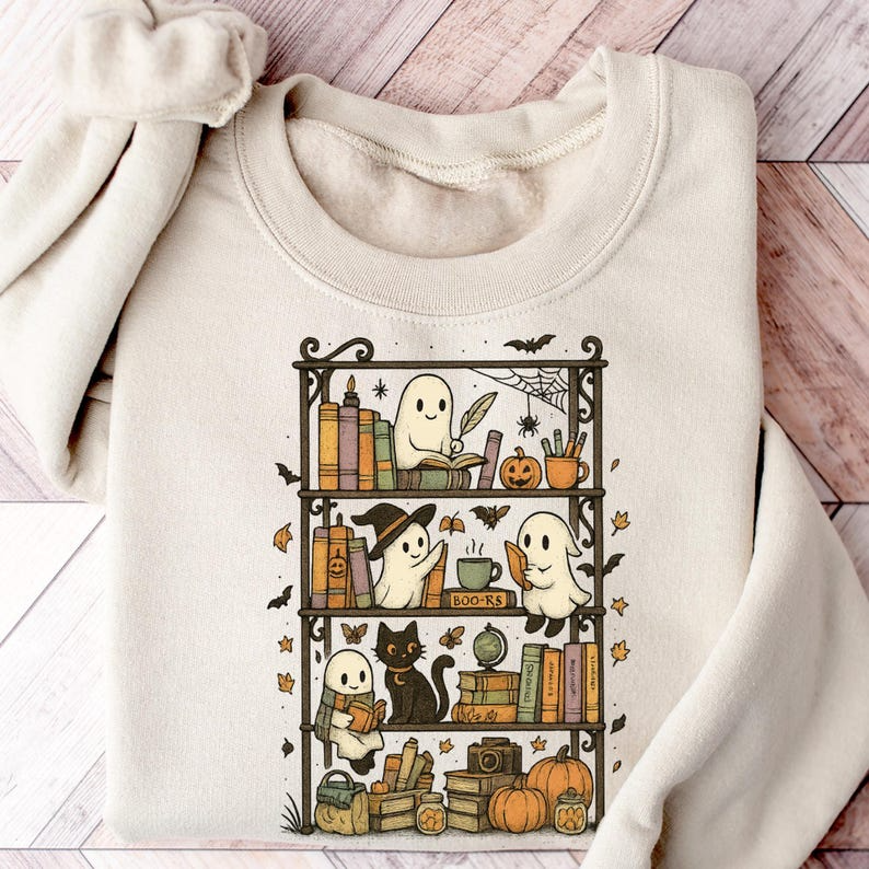Retro Ghost Reading Books Sweatshirt, Librarian Ghost Halloween