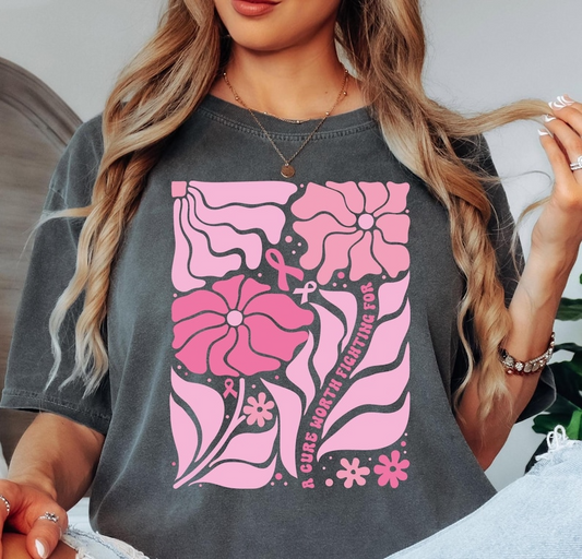 Comfort Colors® Boho Floral Breast Cancer Awareness Shirt,A Cure Worth Fighting For