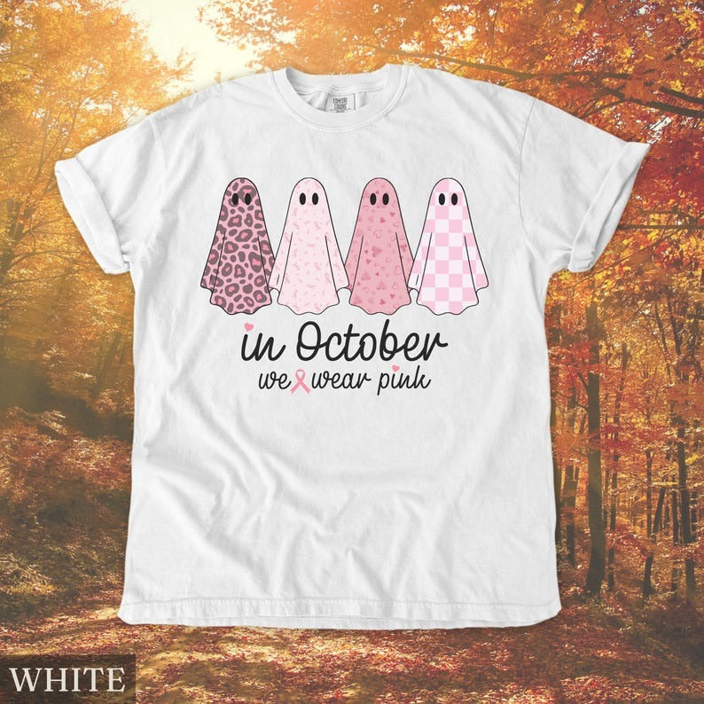 Breast Cancer Comfort Colors Shirt, In October We Wear Pink Ghost Tshirt, Cancer Support Gift