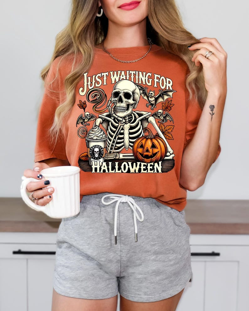 Just Waiting for Halloween Comfort Colors® Shirt, Funny Skeleton Pumpkin Shirt