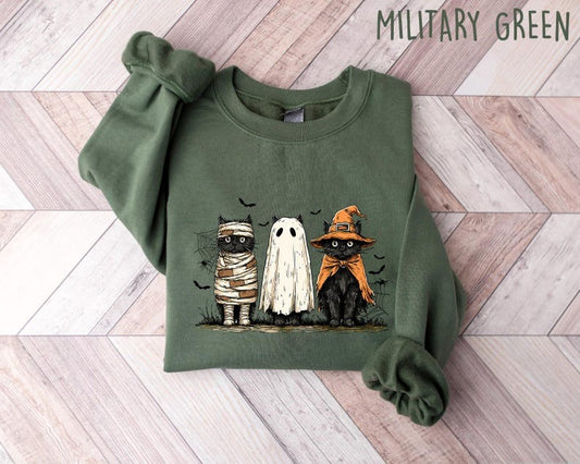 Black Cat Pumpkin Sweatshirt, Ghots Cat Shirt, Retro halloween T Shirt