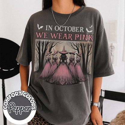 Retro In October We Wear Pink Comfort Colors Shirt, Halloween Spooky Pink Ribbon T-shirt