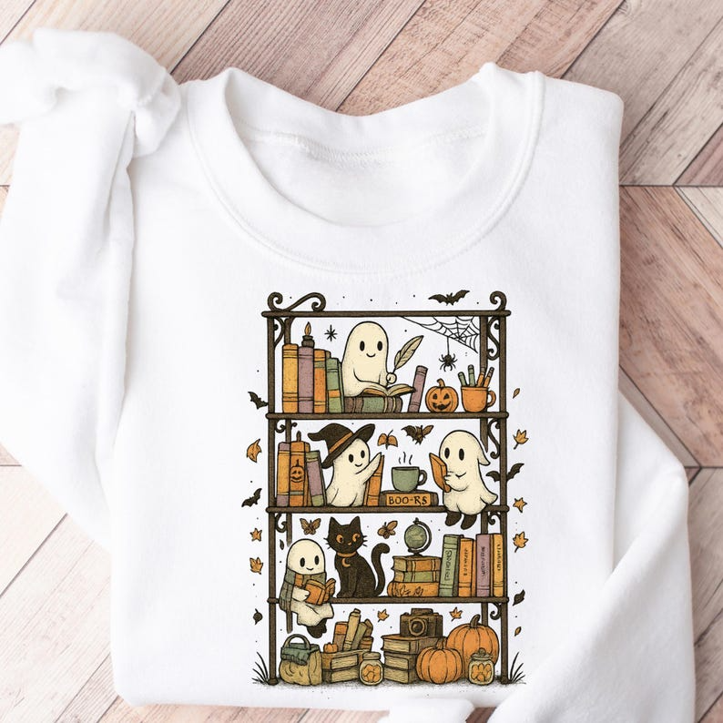 Retro Ghost Reading Books Sweatshirt, Librarian Ghost Halloween