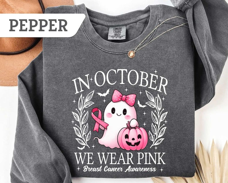 Comfort Colors®In October We Wear Pink Ghost Sweatshirt, Breast Cancer Awareness Tee