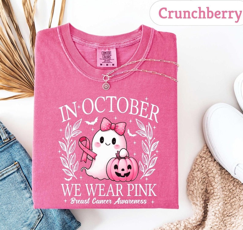 Comfort Colors®In October We Wear Pink Ghost Sweatshirt, Breast Cancer Awareness Tee