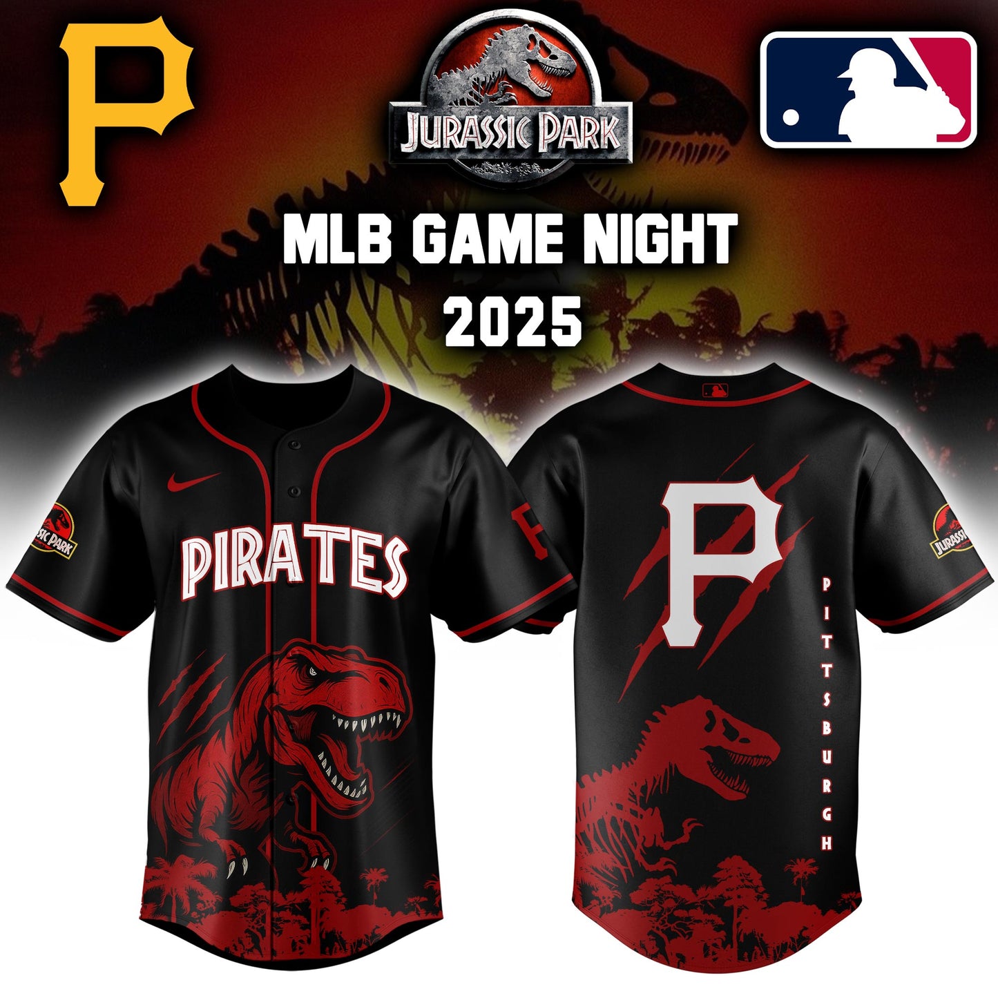 Pittsburgh Pirates x  Jurassic Park  Game Night T-Rex Jersey 2025 Editons Limited